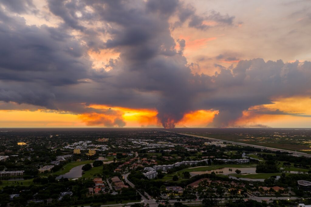 Aerial view of flames and smoke seen from helicopter