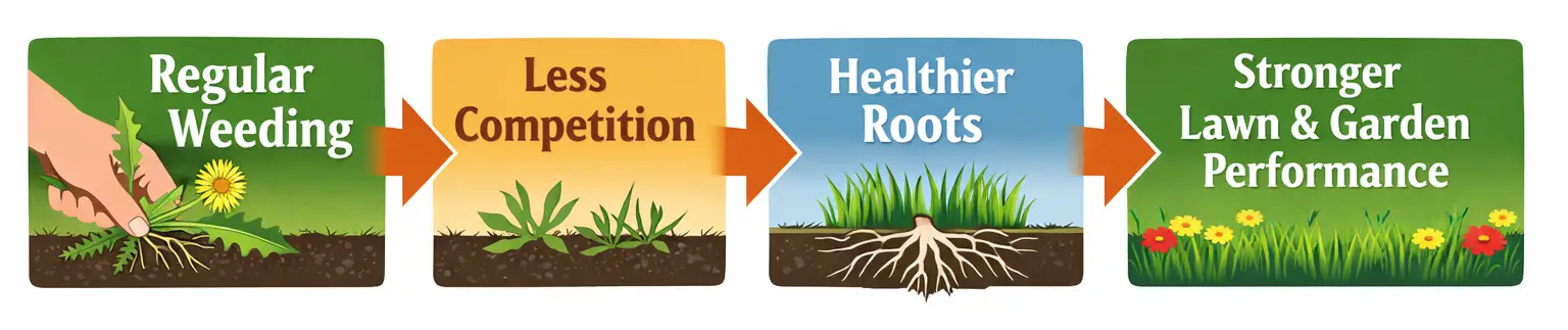 A cause-and-effect chart: regular weeding → less competition → healthier roots → stronger lawn and garden performance.