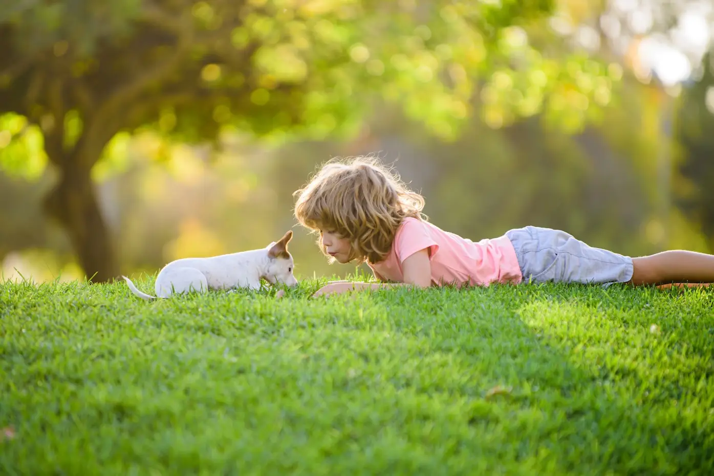 Kid with pets dog. Best friends child and puppy rest and have fun on vacation