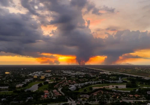 Aerial view of flames and smoke seen from helicopter